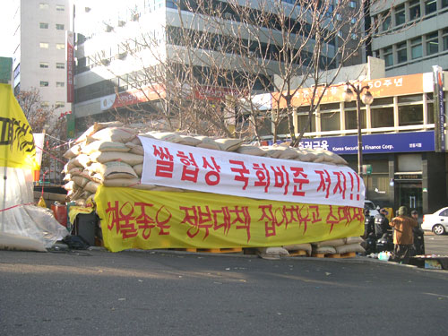 명동성당에 벼를 쌓은 농민들은 천막을 설치하고 농성에 돌입했다.