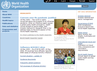 새로운 인플루엔자 바이러스의 대유행을 우려하는 세계보건기구 홈페이지(사진 출처: http://www.who.int/en)<br />

