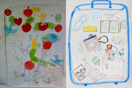 왼쪽은 ‘인권의 나무’, 오른쪽은 ‘여행가방 꾸리기’.<br />
