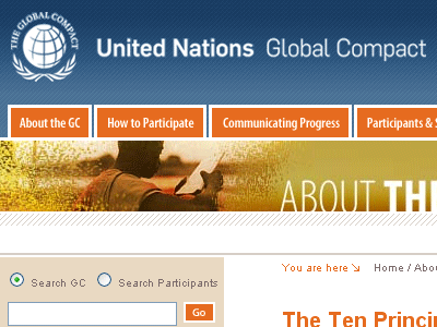 유엔 글로벌 컴팩트 10개 원칙을 선언해놓은 홈페이지