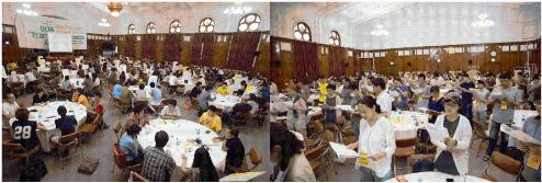 (좌)200여 명의 참여자들이 모둠을 나누어 풀뿌리토론을 진행하였다. (우)참여자들이 다함께 인권선언 추진을 다짐하는 글을 낭독하였다.