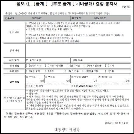 자의적 비공개 결정통지서 예<br />