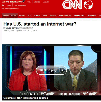 CNN에서 방송한 인터넷전쟁에 대한 대담 <출처: http://edition.cnn.com/2013/06/18/opinion/schneier-cyberwar-policy/index.html?hpt=hp_c3><br />
