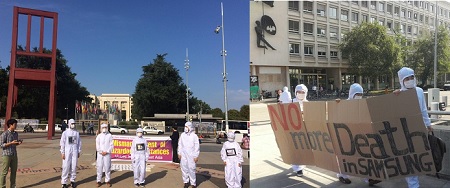 제네바 유엔 앞, 삼성 반도체 공장의 유해한 노동 환경에 대해 퍼포먼스 중인 활동가들 <br />
