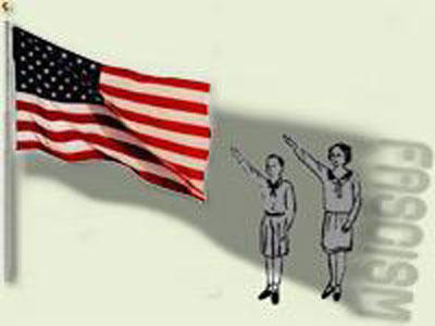 미국에서는 국기에 대한 경례를 파시즘과 같은 전체주의 행위로 보기도 해요.<출처; portland.indymedia.org>