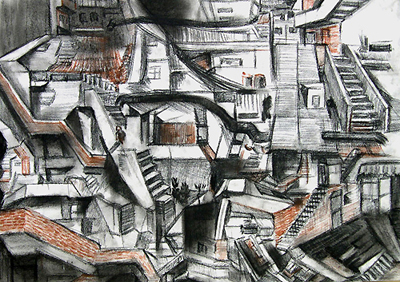 [설명: 후암동-반지하 도시 Huam-dong:Semi-Basement City, 종이에 콘테, 29×40.5(cm), 2003] <br />
[출처: http://honesty.egloos.com/414770]<br />
