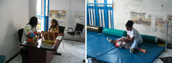 왼쪽 사진은 공부하고 있는 장애아동, 오른쪽 사진은 치료받고 있는 장애아동