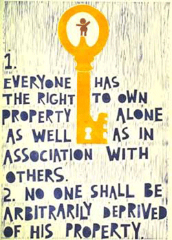 모든 사람은 “자신의 재산을 소유할 권리를 가진다”는 세계인권선언 17조의 영문본 (출처 : UN Photo)