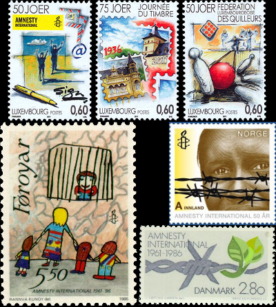 앰네스티를 기념해서 만든 우표들. 위부터 시계방향으로 룩셈부르크, 노르웨이, 페로 제도, 덴마크. 