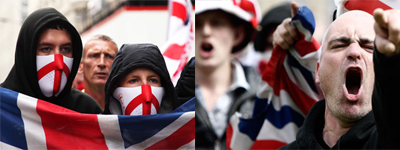 [사진: 영국의 극우정당 회원들이 '진정한 영국'을 주장하며 반이슬람 집회를 벌이고 있다. 역사학자들은 극우정당들의 '진정한 유럽인'이라는 주장이 허위에 가득 차 있다고 지적한다.]