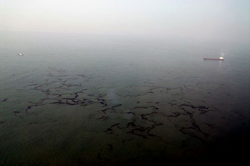 태안 만리포 북서 5마일 해상에서 발생한 유류사고의 기름띠가 북쪽 가로림만을 넘어 덕적군도 대이작도 앞 해상까지 번졌다. [출처] 녹색연합
